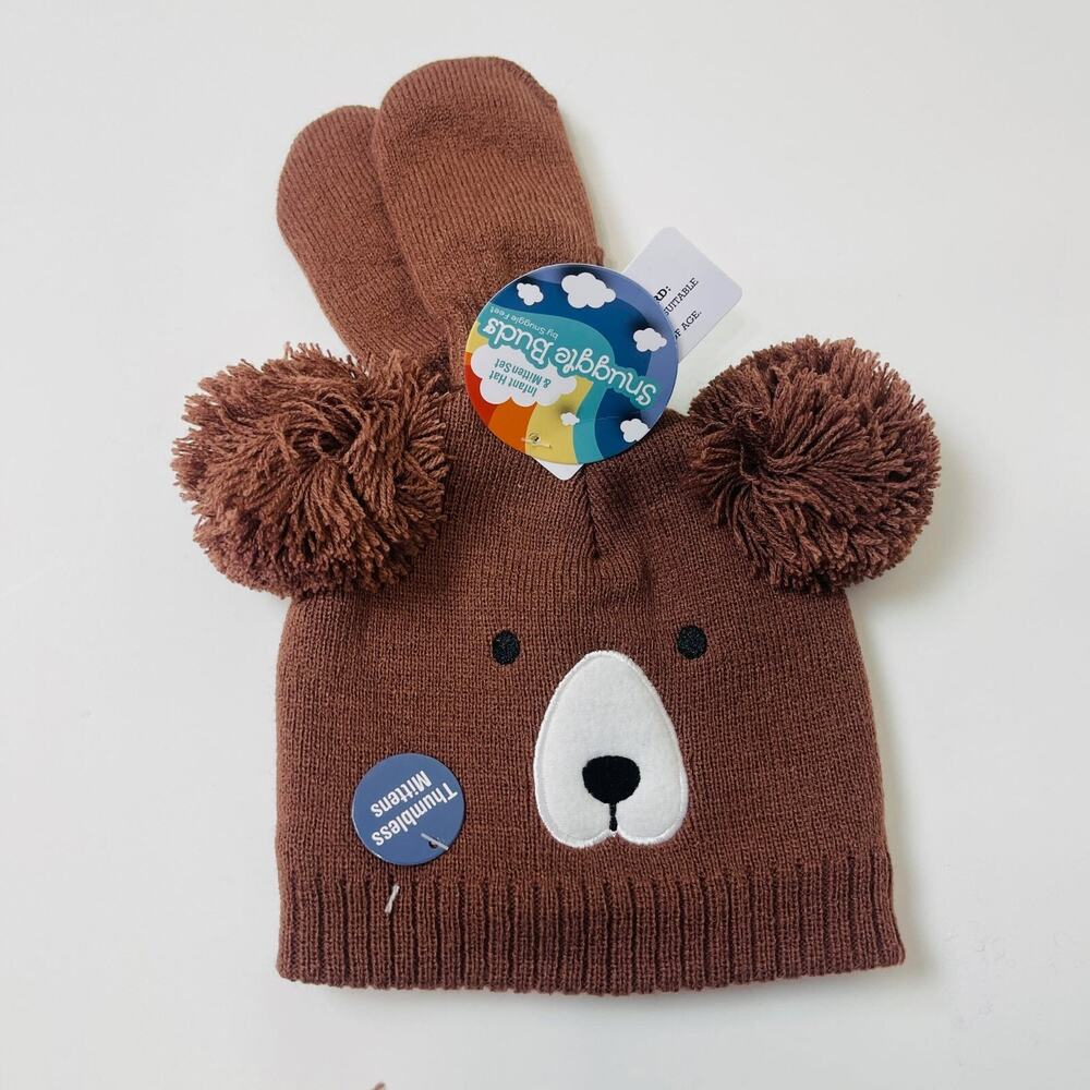 Snuggle Buds Infant Hat & Thumbless Mitten Set Knitted Cute Baby Bear Hat 0-12m